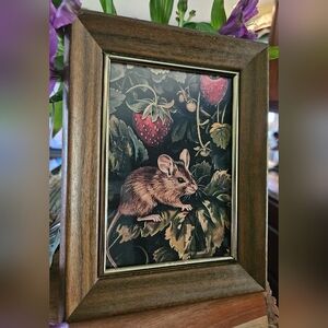 Vtg Wood Frame w/ Brass Trim & Mouse in a Strawberry Bush Art Print 9" x 7"
